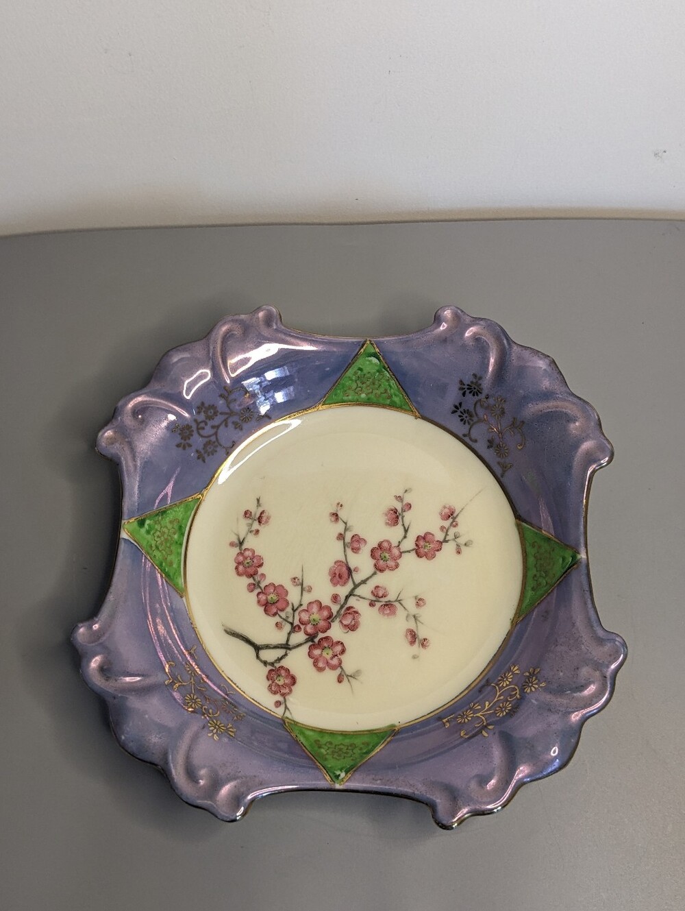 Vintage Japanese lusterware trinket dish featuring a cherry blossom design Gold